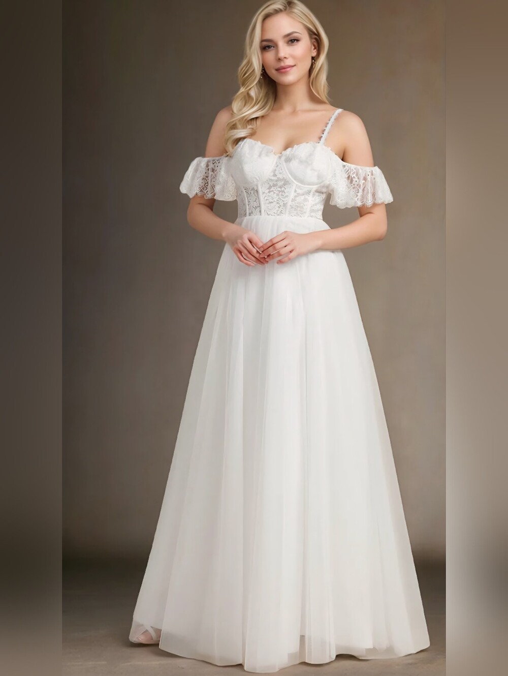 NWT Ever-Pretty White Lace Tulle Bridal Gown Cold Shoulder Dress Large
